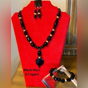 2Pc Handcrafted Onyx & Copper Gemstone Necklace set.